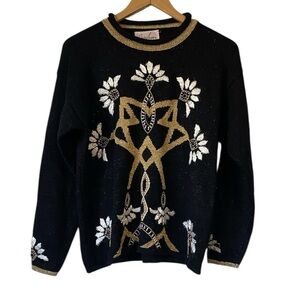 Vintage Jaclyn Smith Black Sweater with Gold Accents embroidered flowers M